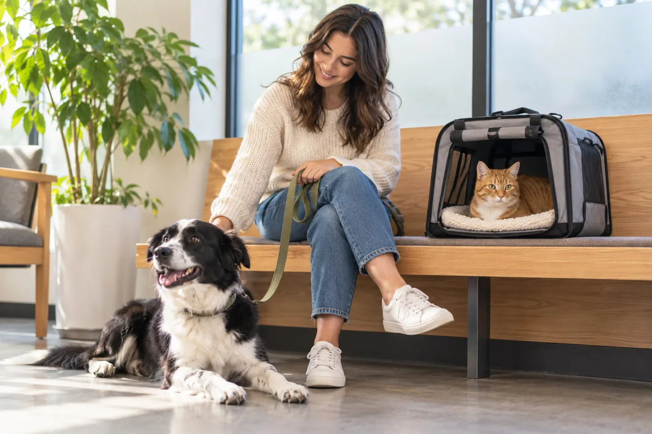 Owner seated with a dog and a cat near a pet carrier