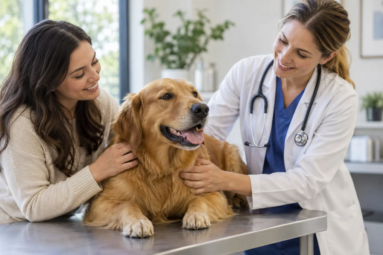 Veterinarian talking with an owner beside a golden-colored dog